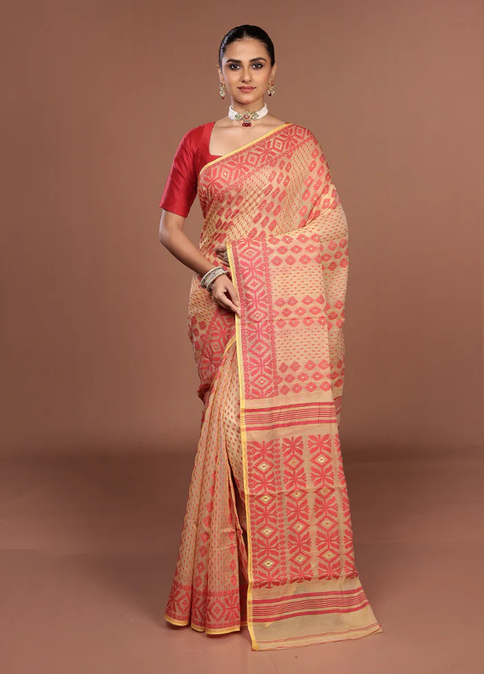 Cream Jamdani Cotton Saree Without Blouse Piece - Image 2