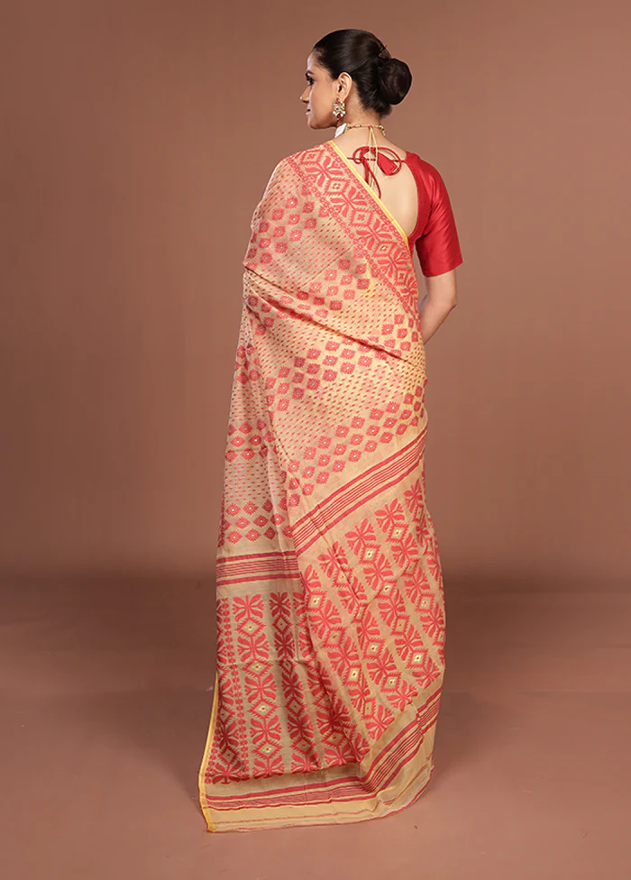 Cream Jamdani Cotton Saree Without Blouse Piece - Image 3