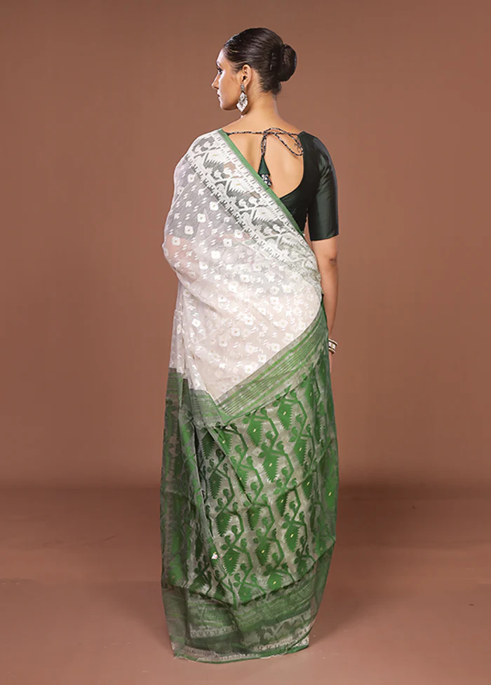 White Jamdani Cotton Saree Without Blouse Piece - Image 3