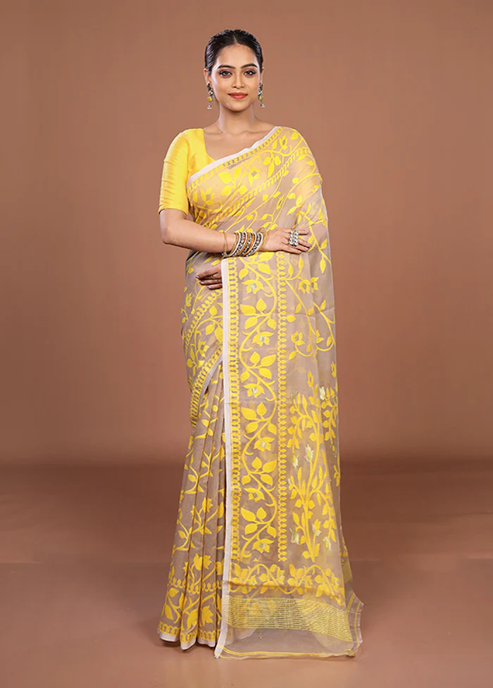 Cream Jamdani Cotton Saree Without Blouse Piece - Image 2