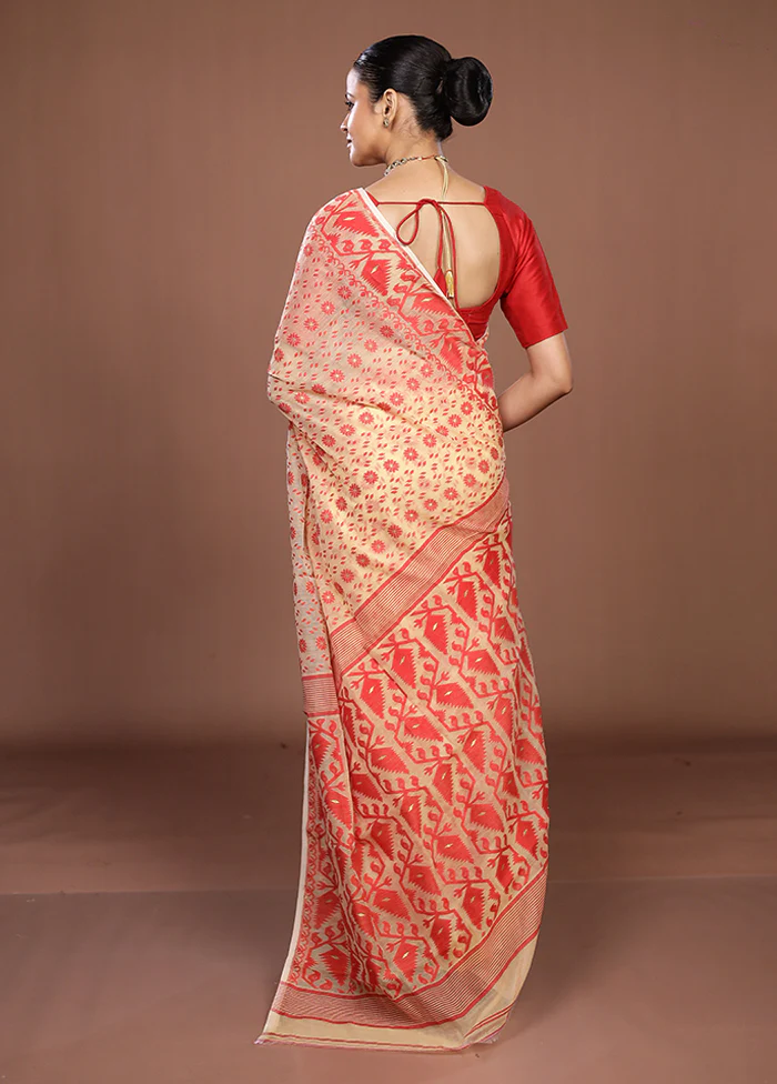 Cream Jamdani Cotton Saree Without Blouse Piece - Image 3