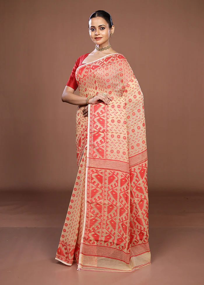 Cream Jamdani Cotton Saree Without Blouse Piece - Image 4