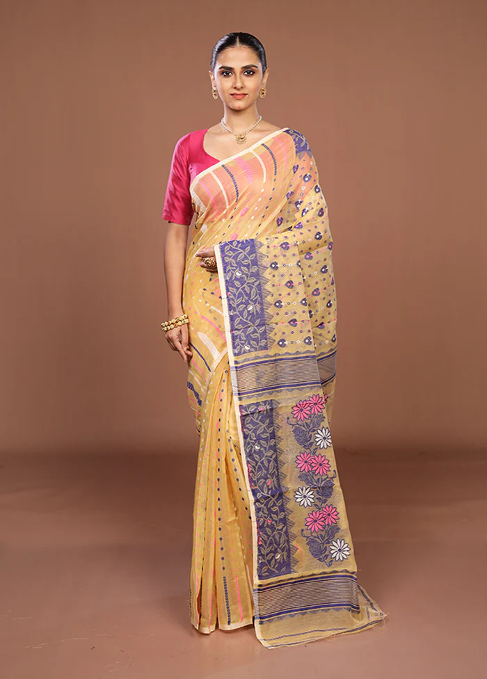 Cream Jamdani Cotton Saree Without Blouse Piece - Image 2