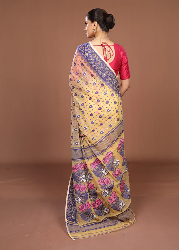 Cream Jamdani Cotton Saree Without Blouse Piece - Image 3