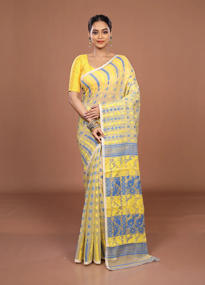 Cream Jamdani Cotton Saree Without Blouse Piece - Image 2
