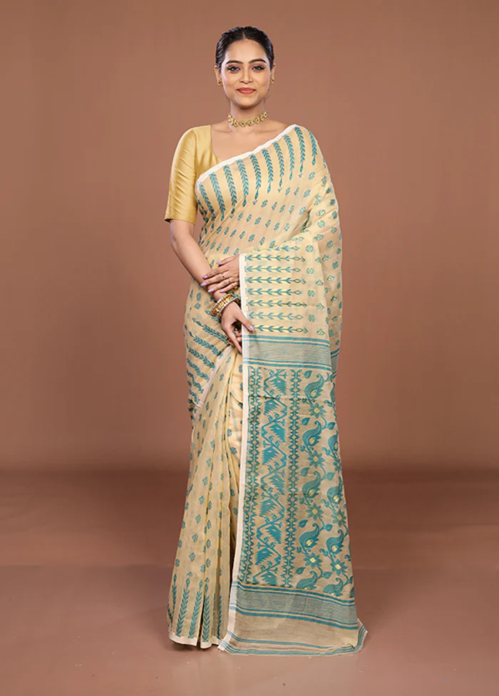Cream Jamdani Cotton Saree Without Blouse Piece - Image 2