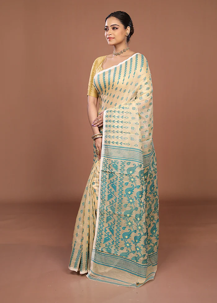 Cream Jamdani Cotton Saree Without Blouse Piece - Image 4