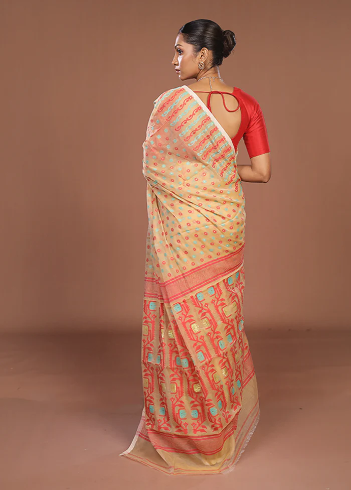 Cream Jamdani Cotton Saree Without Blouse Piece - Image 3