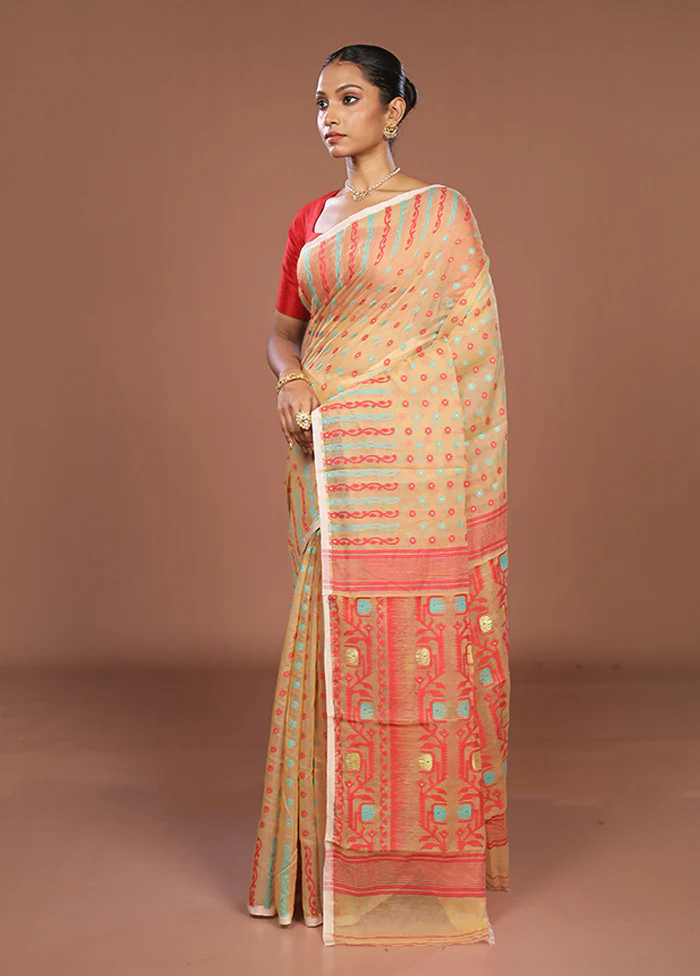 Cream Jamdani Cotton Saree Without Blouse Piece - Image 4