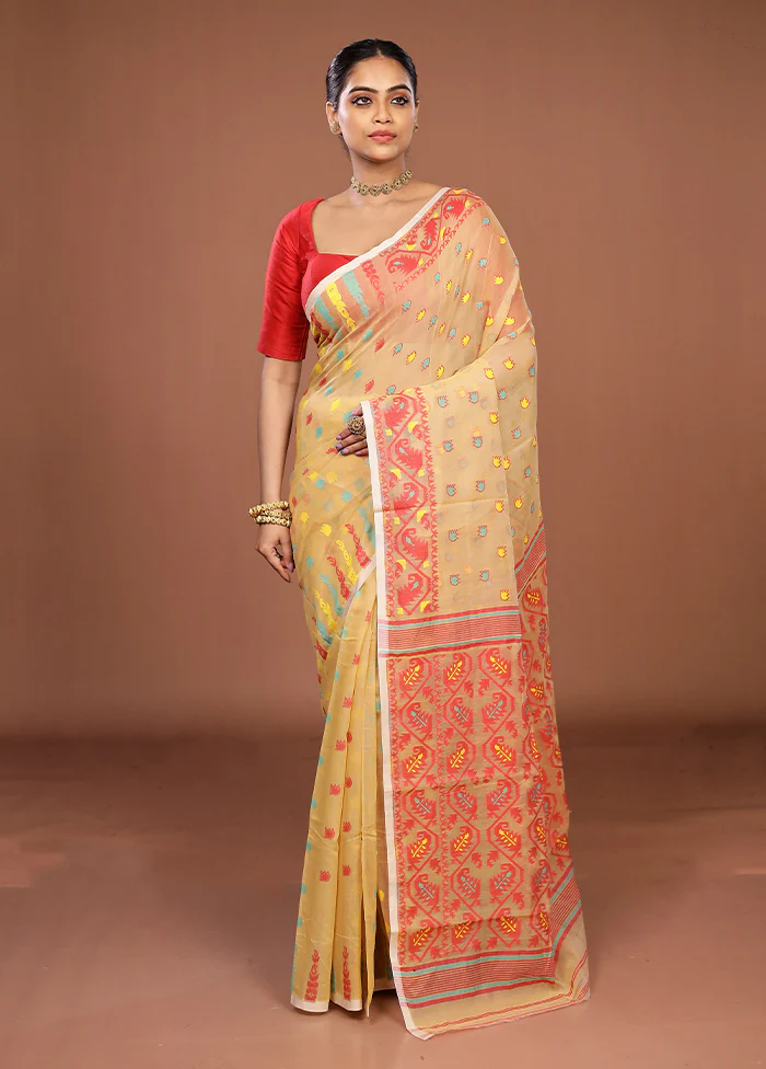Cream Jamdani Cotton Saree Without Blouse Piece - Image 2