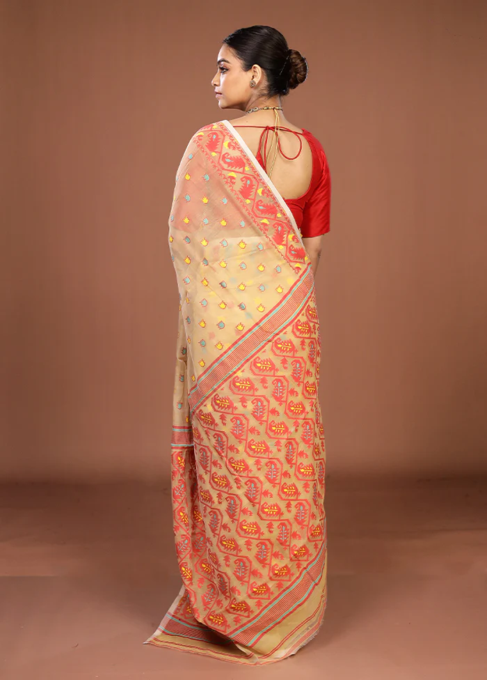 Cream Jamdani Cotton Saree Without Blouse Piece - Image 3