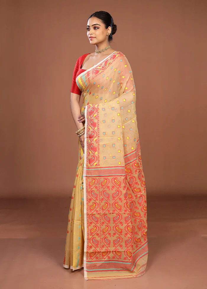 Cream Jamdani Cotton Saree Without Blouse Piece - Image 4