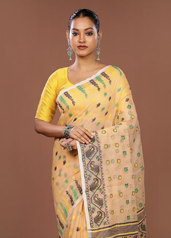 Cream Jamdani Cotton Saree Without Blouse Piece