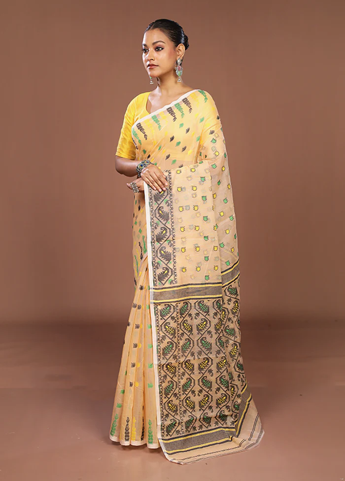 Cream Jamdani Cotton Saree Without Blouse Piece - Image 4