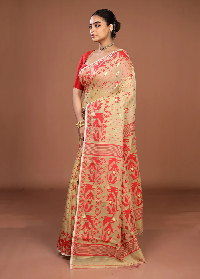 Cream Jamdani Cotton Saree Without Blouse Piece - Image 4