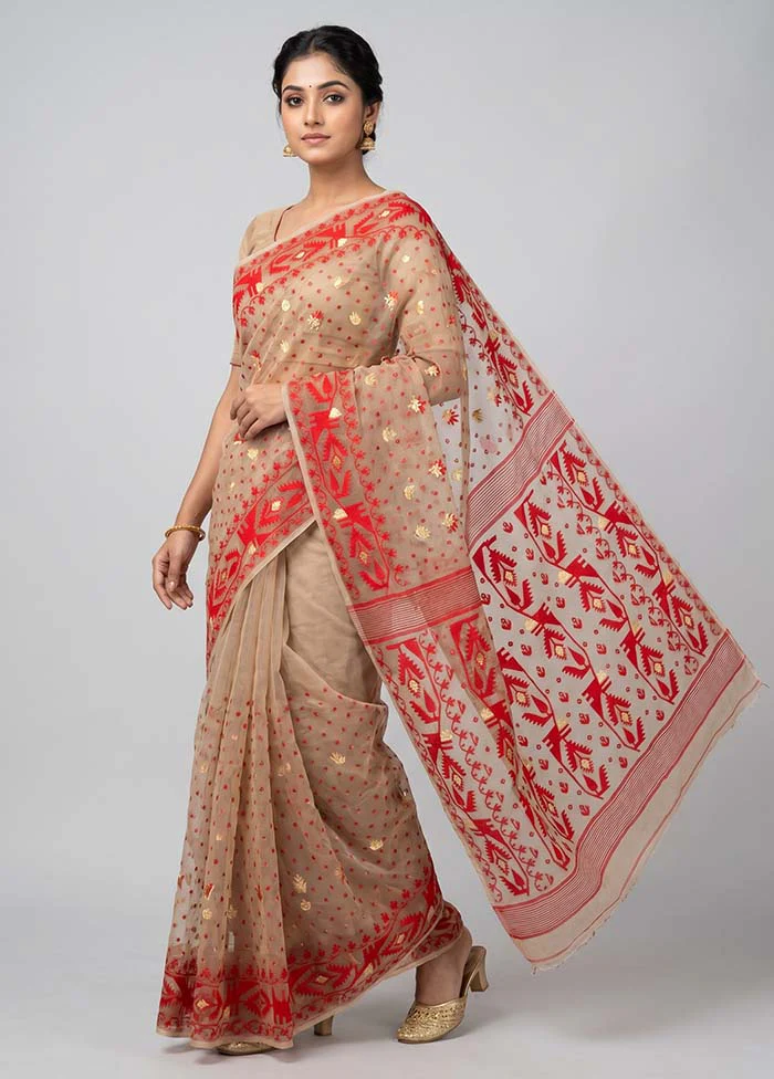 Cream Jamdani Cotton Saree Without Blouse Piece