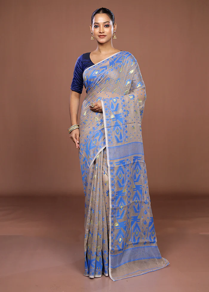 Cream Jamdani Cotton Saree Without Blouse Piece - Image 2