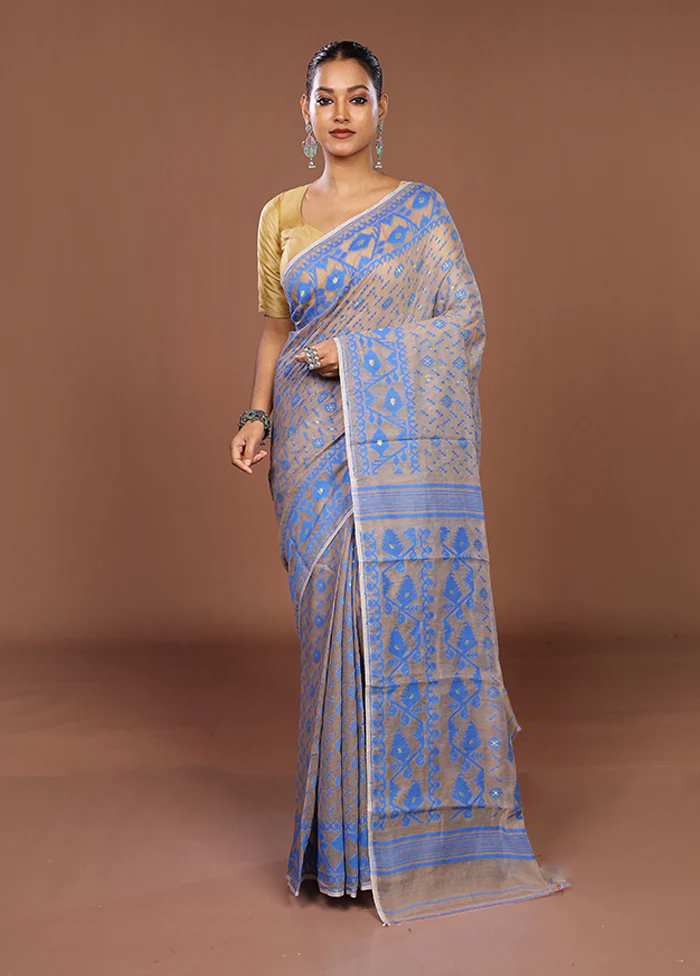 Cream Jamdani Cotton Saree Without Blouse Piece - Image 2