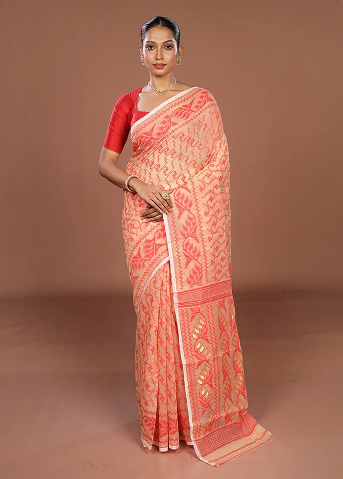 Cream Jamdani Cotton Saree Without Blouse Piece - Image 2