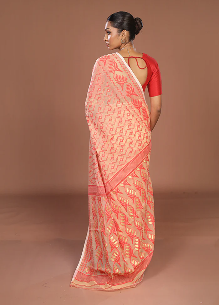 Cream Jamdani Cotton Saree Without Blouse Piece - Image 3