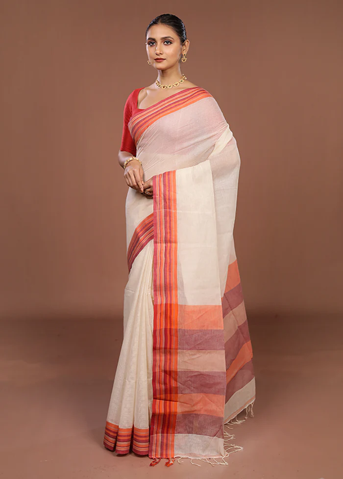Cream Jamdani Cotton Saree Without Blouse Piece - Image 4