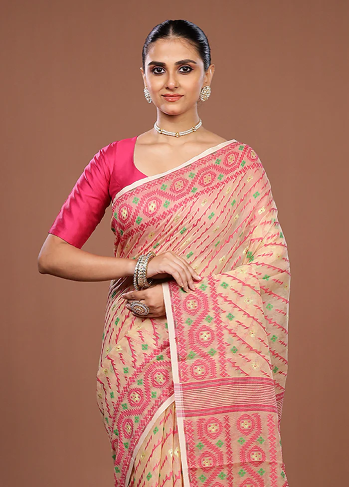 Cream Jamdani Cotton Saree Without Blouse Piece