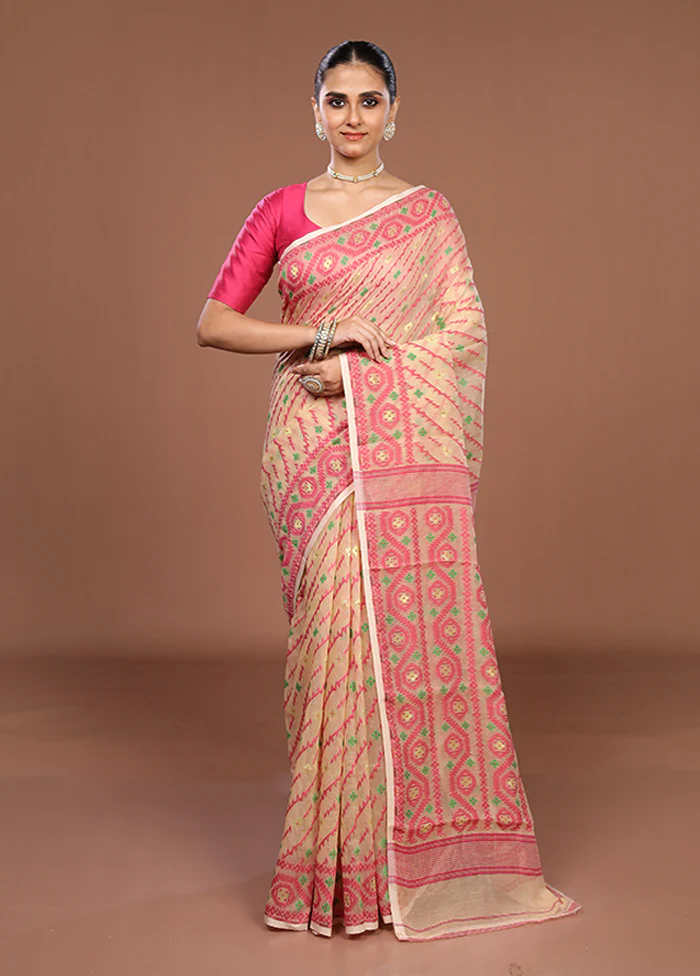 Cream Jamdani Cotton Saree Without Blouse Piece - Image 2