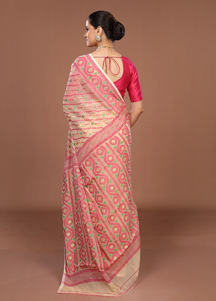 Cream Jamdani Cotton Saree Without Blouse Piece - Image 3
