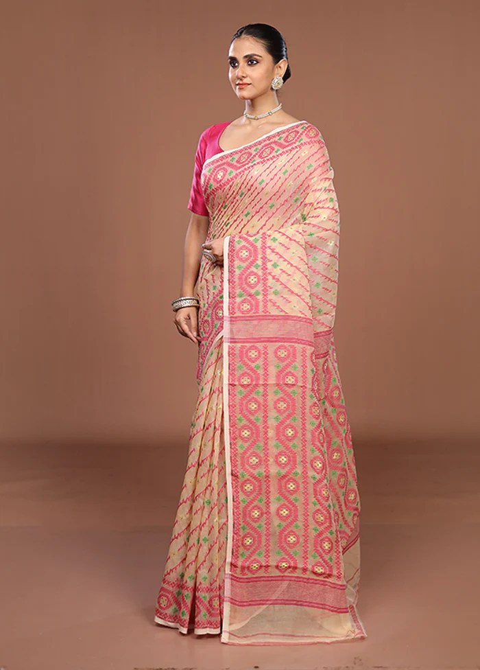 Cream Jamdani Cotton Saree Without Blouse Piece - Image 4