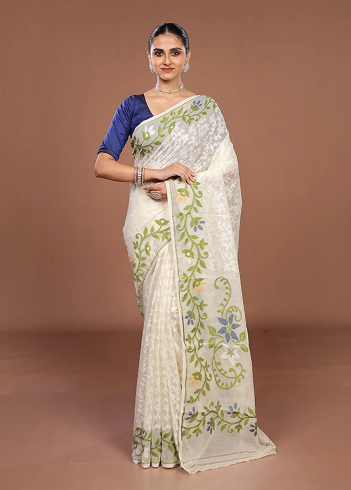 White Jamdani Cotton Saree Without Blouse Piece - Image 2