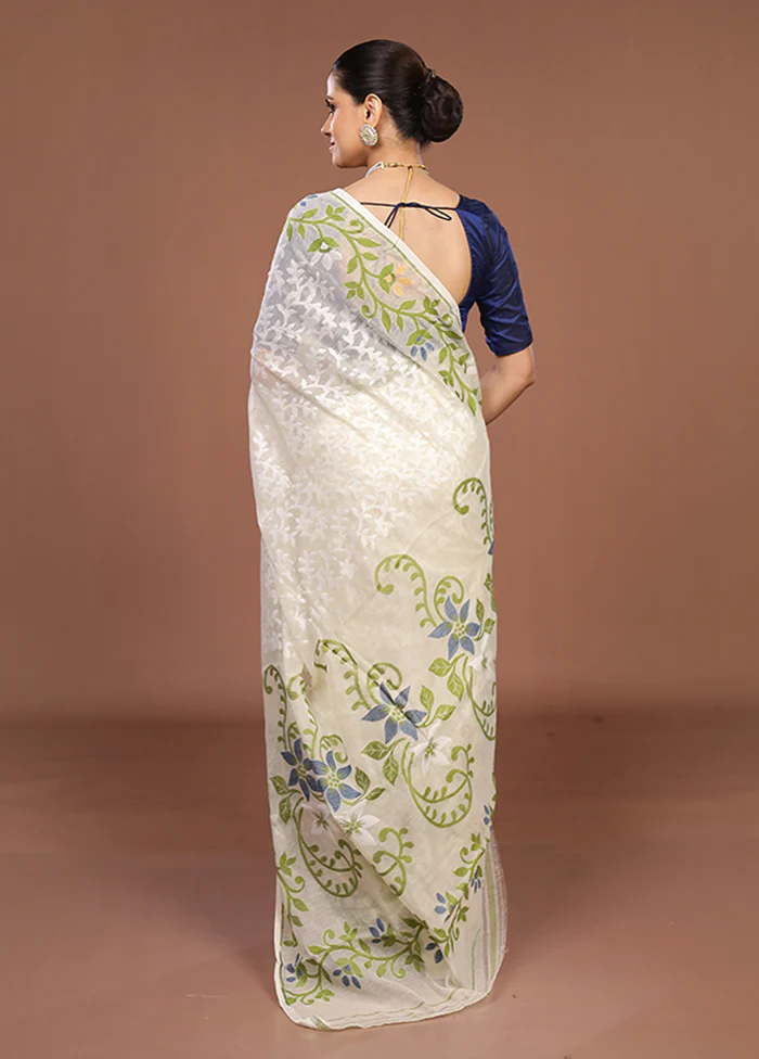 White Jamdani Cotton Saree Without Blouse Piece - Image 3