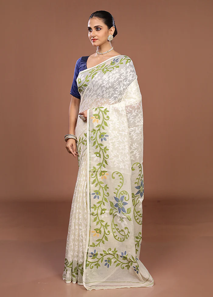White Jamdani Cotton Saree Without Blouse Piece - Image 4