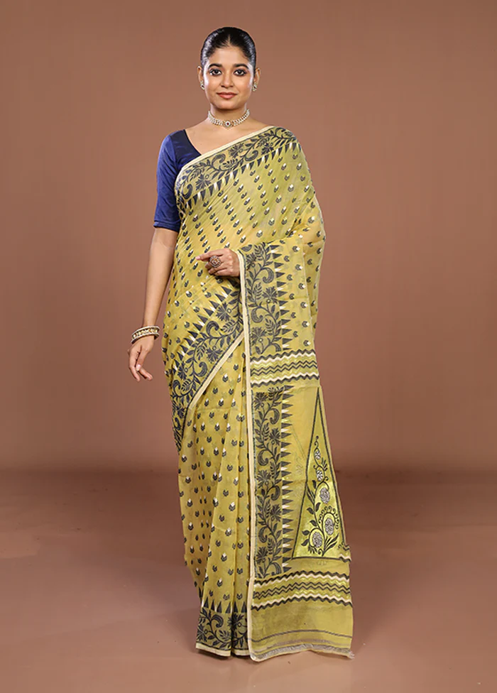 Yellow Jamdani Cotton Saree Without Blouse Piece - Image 2