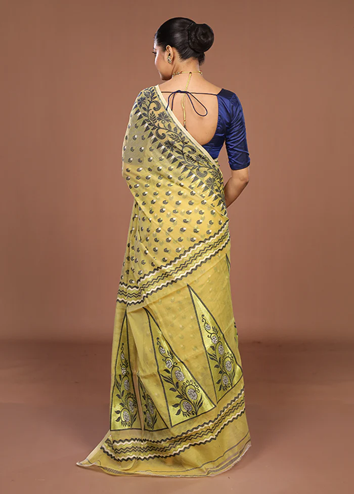 Yellow Jamdani Cotton Saree Without Blouse Piece - Image 3