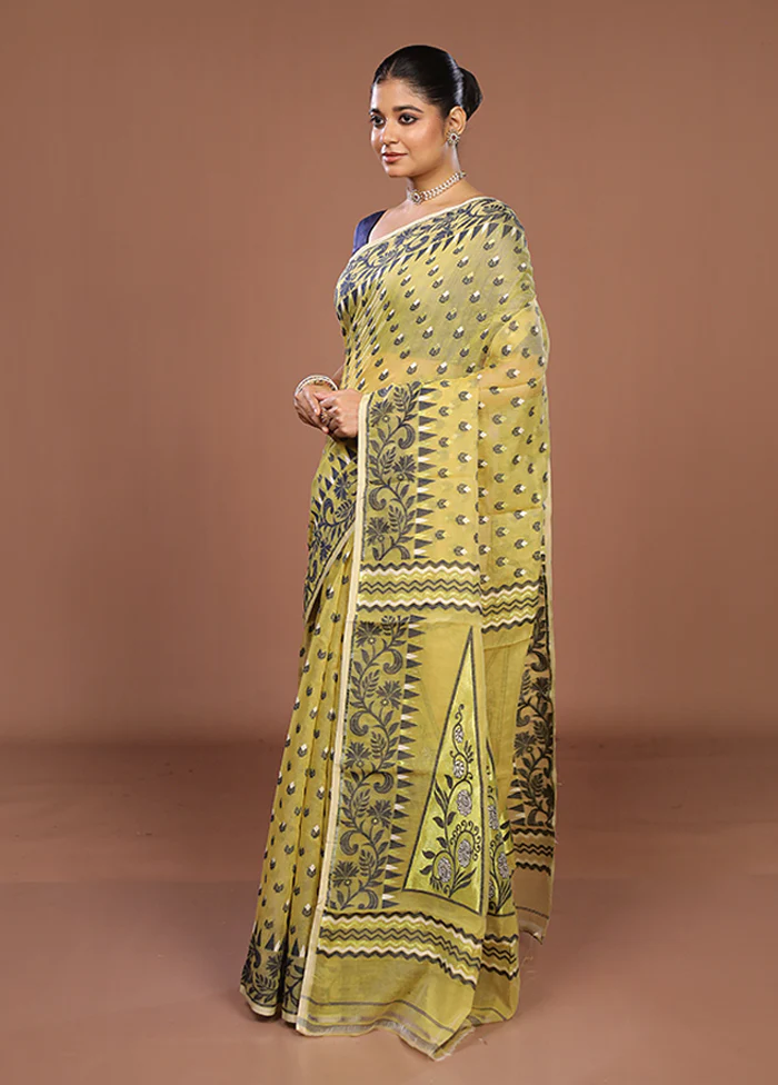 Yellow Jamdani Cotton Saree Without Blouse Piece - Image 4