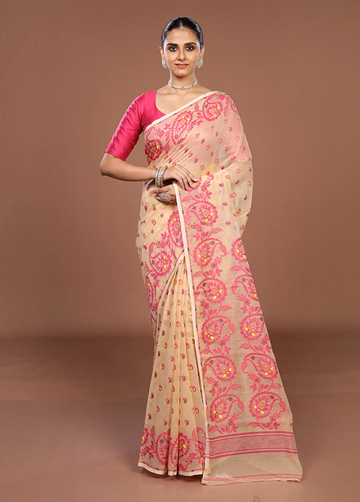 Cream Jamdani Cotton Saree Without Blouse Piece - Image 2