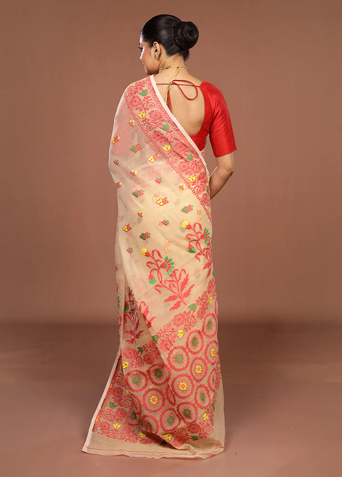 Cream Jamdani Cotton Saree Without Blouse Piece - Image 3