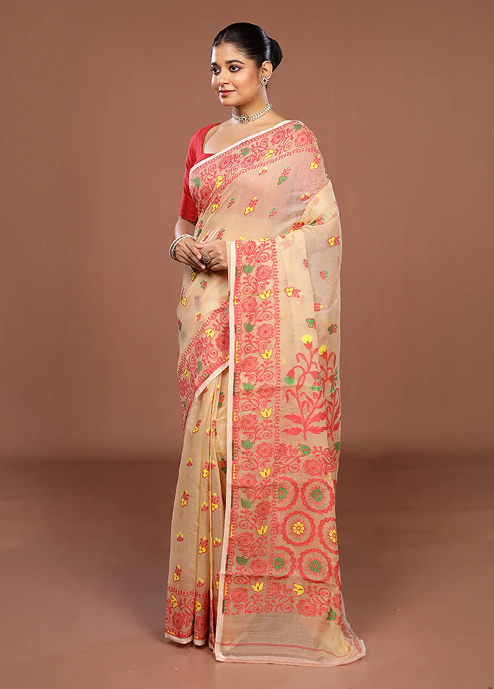 Cream Jamdani Cotton Saree Without Blouse Piece - Image 4