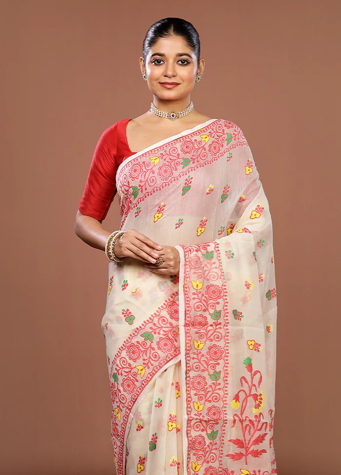 Cream Jamdani Cotton Saree Without Blouse Piece