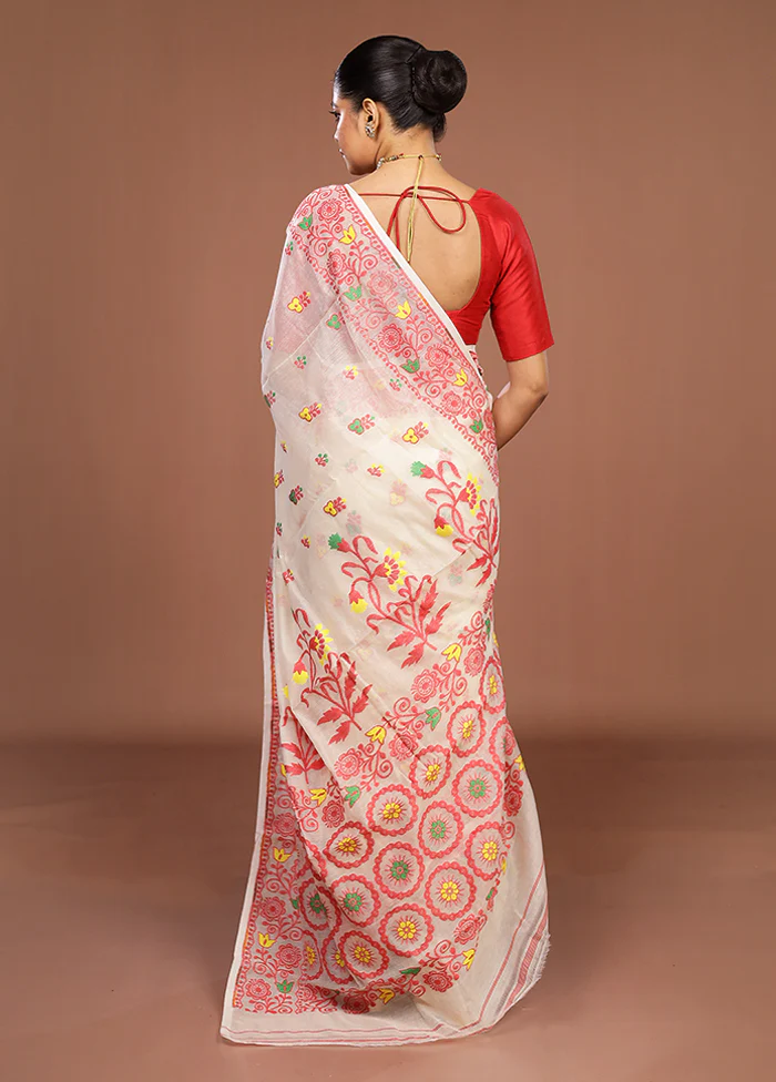 Cream Jamdani Cotton Saree Without Blouse Piece - Image 3