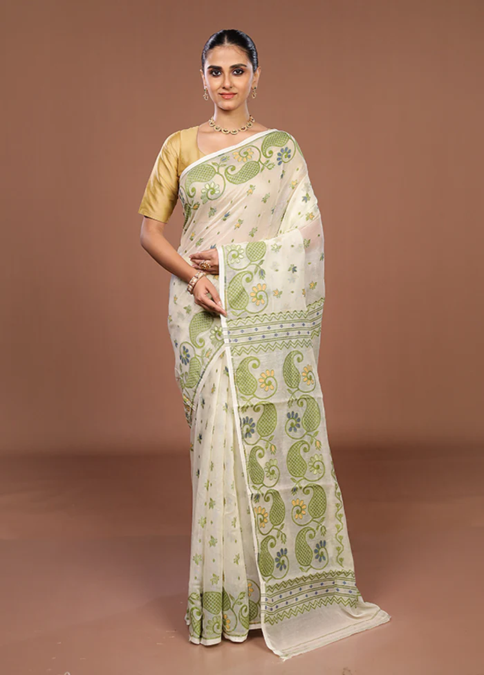 Cream Jamdani Cotton Saree Without Blouse Piece - Image 2