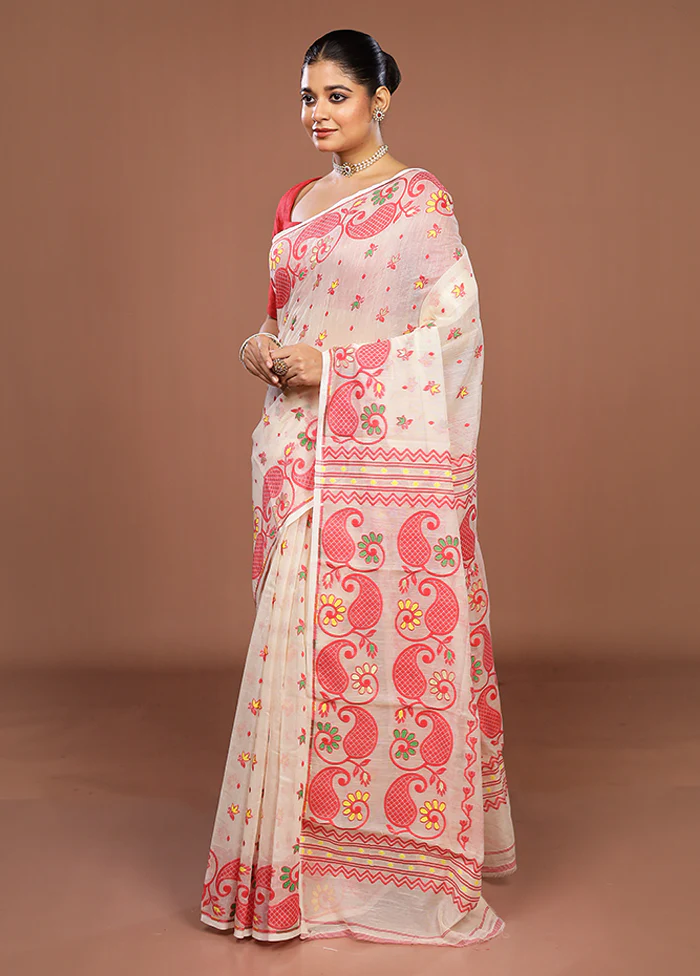 Cream Jamdani Cotton Saree Without Blouse Piece - Image 4