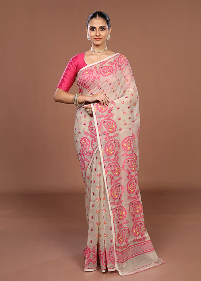 Cream Jamdani Cotton Saree Without Blouse Piece - Image 2