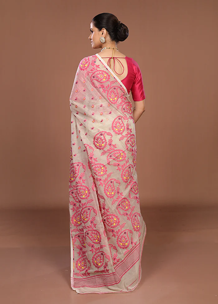 Cream Jamdani Cotton Saree Without Blouse Piece - Image 3