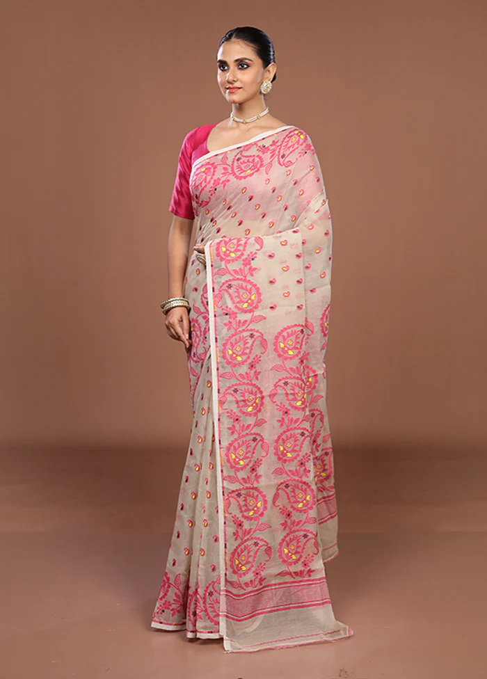 Cream Jamdani Cotton Saree Without Blouse Piece - Image 4
