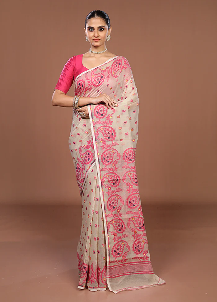 Cream Jamdani Cotton Saree Without Blouse Piece - Image 2