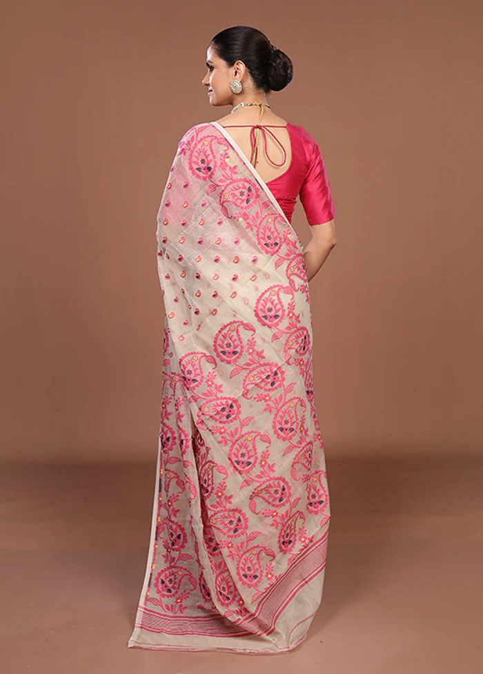 Cream Jamdani Cotton Saree Without Blouse Piece - Image 3