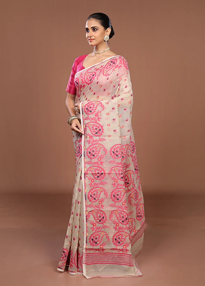 Cream Jamdani Cotton Saree Without Blouse Piece - Image 4