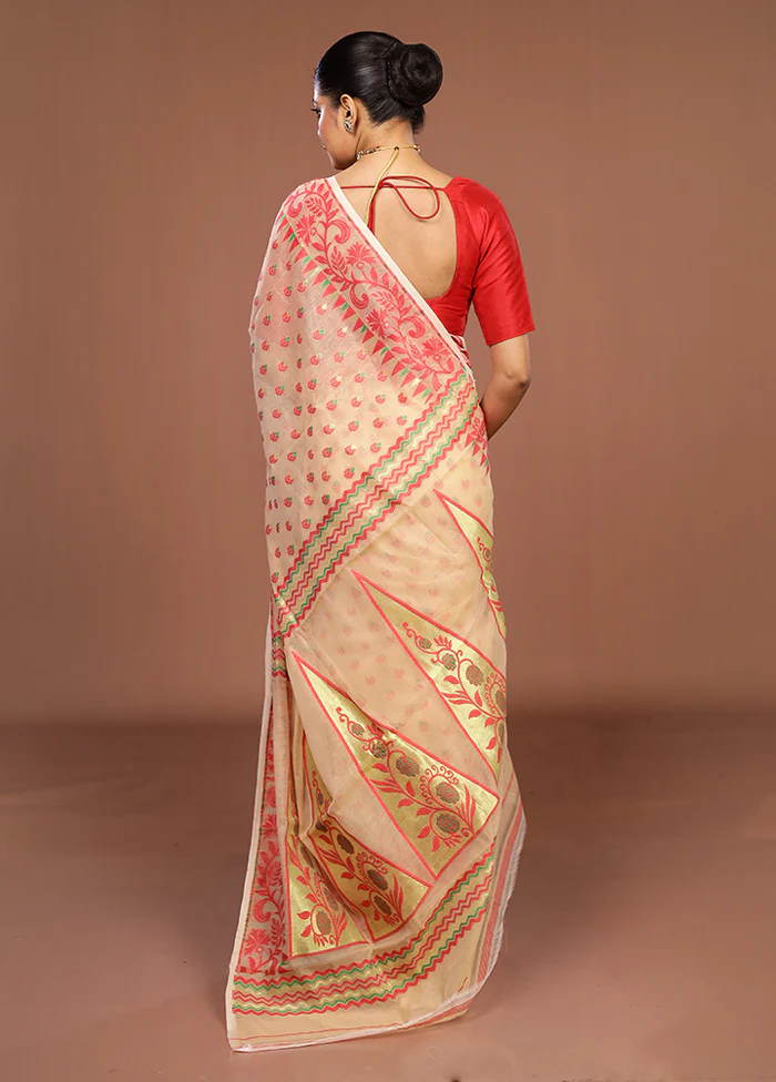 Cream Jamdani Cotton Saree Without Blouse Piece - Image 3