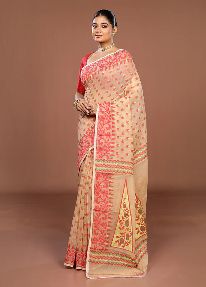 Cream Jamdani Cotton Saree Without Blouse Piece - Image 4